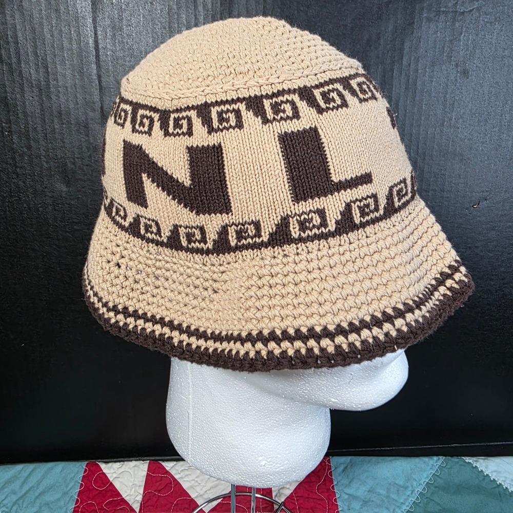Only NY Crochet Bucket Hat Tan Brown Cotton Knit Logo Streetwear Hat
